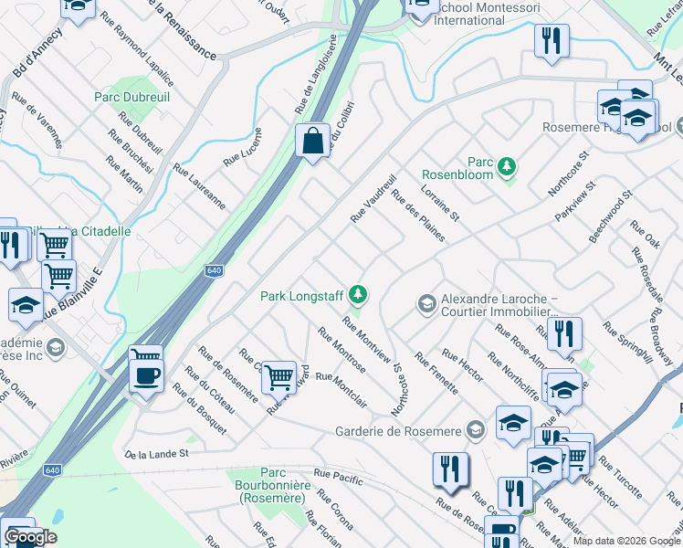 map of restaurants, bars, coffee shops, grocery stores, and more near 354 Rue Wolfe in Rosemère