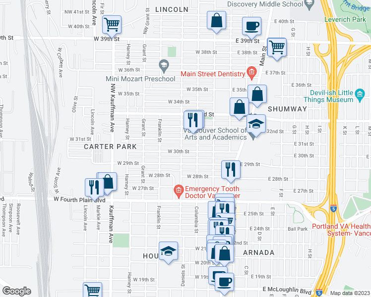 map of restaurants, bars, coffee shops, grocery stores, and more near 316 West 30th Street in Vancouver