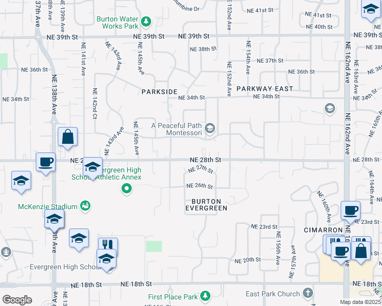 map of restaurants, bars, coffee shops, grocery stores, and more near 15006 Northeast 28th Street in Vancouver