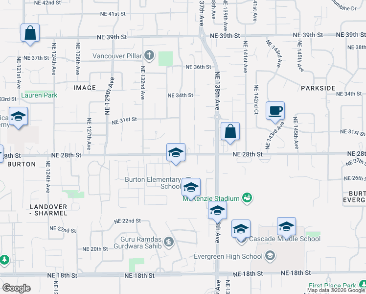 map of restaurants, bars, coffee shops, grocery stores, and more near 2909 Northeast 135th Avenue in Vancouver