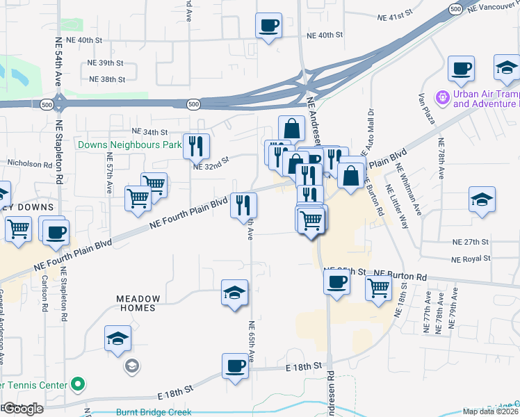 map of restaurants, bars, coffee shops, grocery stores, and more near 6615 Northeast Fourth Plain Boulevard in Vancouver