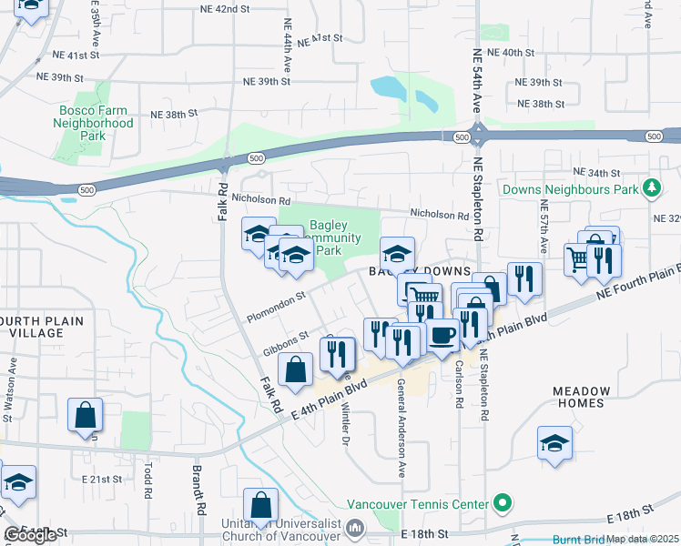 map of restaurants, bars, coffee shops, grocery stores, and more near 4500 Plomondon Street in Vancouver