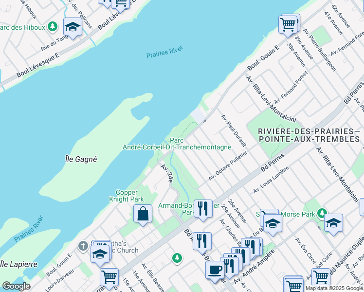 map of restaurants, bars, coffee shops, grocery stores, and more near 8102 Boulevard Gouin Est in Montréal