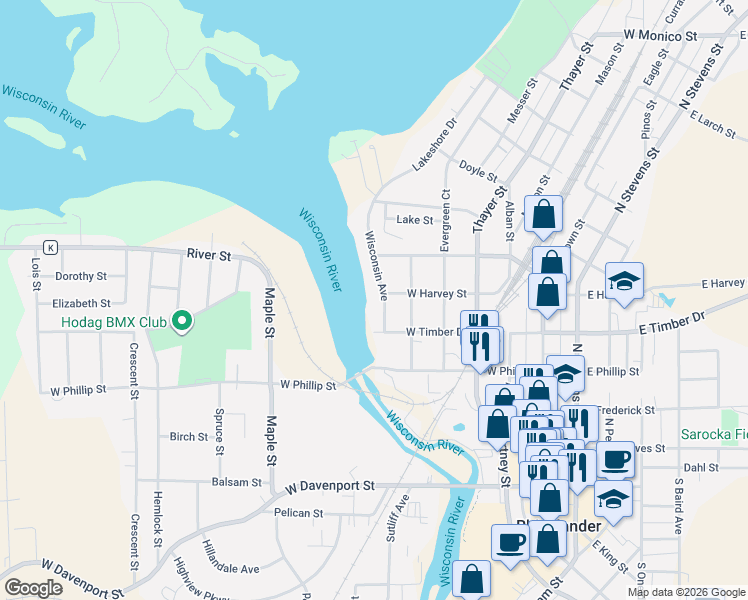 map of restaurants, bars, coffee shops, grocery stores, and more near 432 Wisconsin Avenue in Rhinelander