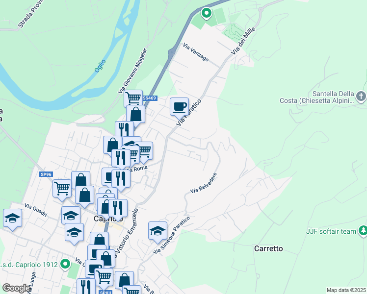 map of restaurants, bars, coffee shops, grocery stores, and more near 14 Via Dante Alighieri in Capriolo