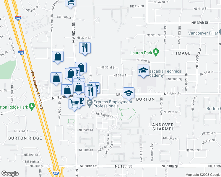 map of restaurants, bars, coffee shops, grocery stores, and more near 2903 Northeast 116th Avenue in Vancouver