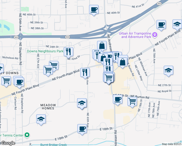 map of restaurants, bars, coffee shops, grocery stores, and more near 6615 Northeast Fourth Plain Boulevard in Vancouver