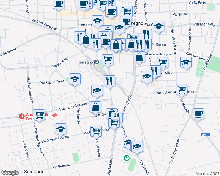 map of restaurants, bars, coffee shops, grocery stores, and more near 4 Via Visconti in Seregno