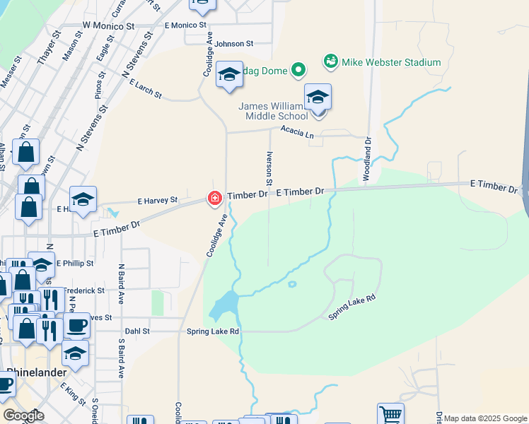 map of restaurants, bars, coffee shops, grocery stores, and more near 453 Iverson Street in Rhinelander