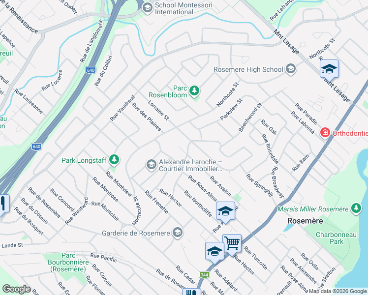 map of restaurants, bars, coffee shops, grocery stores, and more near 292 Rue Avalon in Rosemère