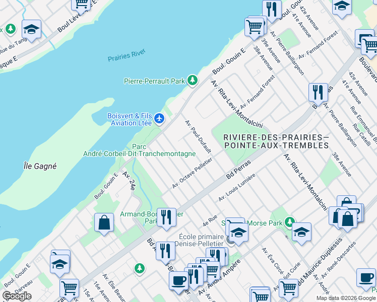 map of restaurants, bars, coffee shops, grocery stores, and more near 12660 Avenue Léon-Ringuet in Montréal
