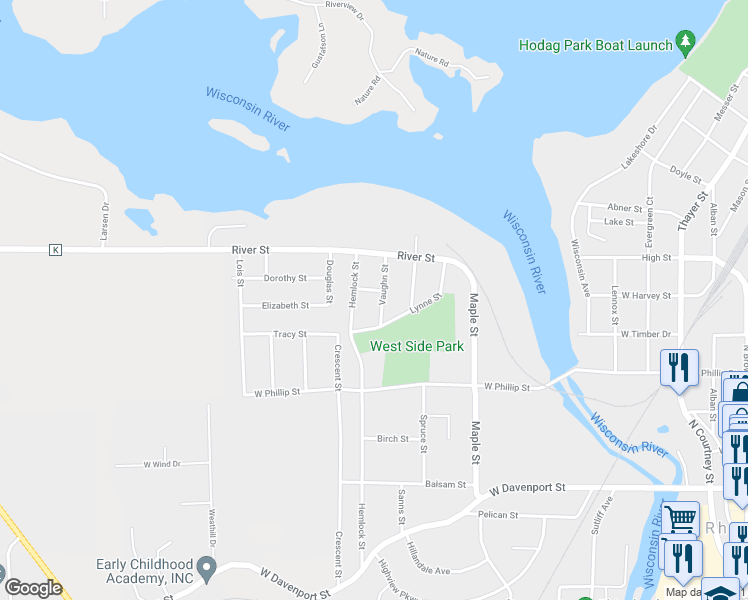 map of restaurants, bars, coffee shops, grocery stores, and more near 427 Vaughn Street in Rhinelander