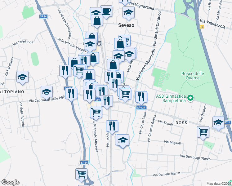 map of restaurants, bars, coffee shops, grocery stores, and more near 11 Via Damiano Chiesa in Seveso