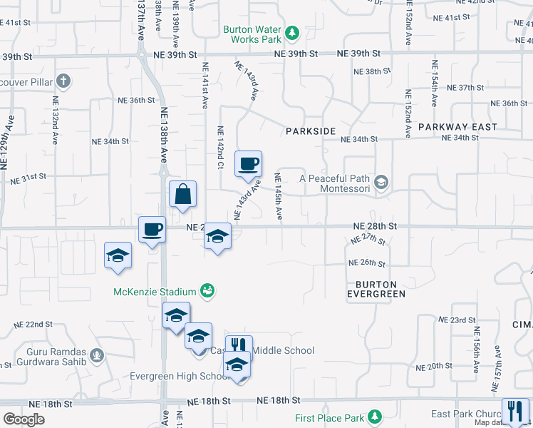 map of restaurants, bars, coffee shops, grocery stores, and more near 14323 Northeast 30th Street in Vancouver