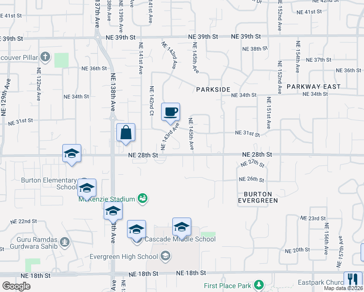 map of restaurants, bars, coffee shops, grocery stores, and more near 14323 Northeast 30th Street in Vancouver