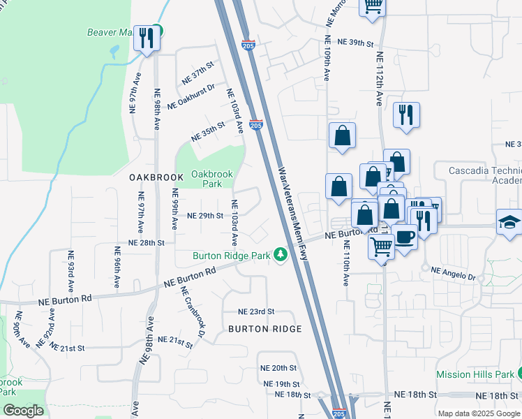 map of restaurants, bars, coffee shops, grocery stores, and more near 10508 Northeast Oakbrook Circle in Vancouver