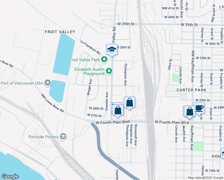 map of restaurants, bars, coffee shops, grocery stores, and more near 3009 Fruit Valley Road in Vancouver