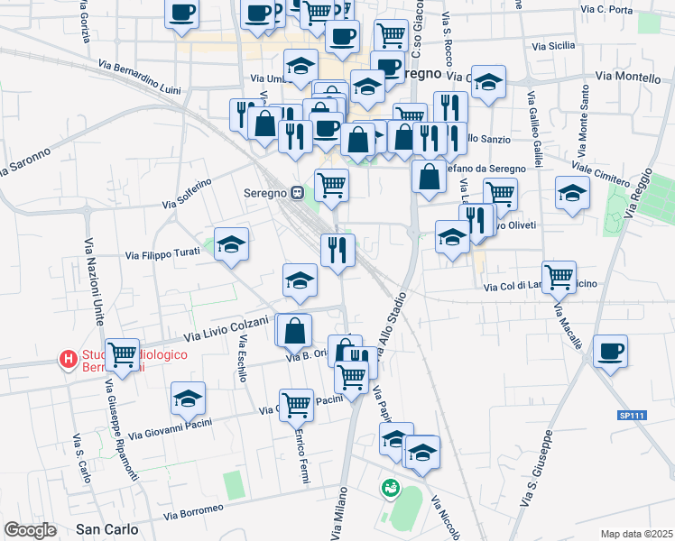map of restaurants, bars, coffee shops, grocery stores, and more near 4 Via Visconti in Seregno
