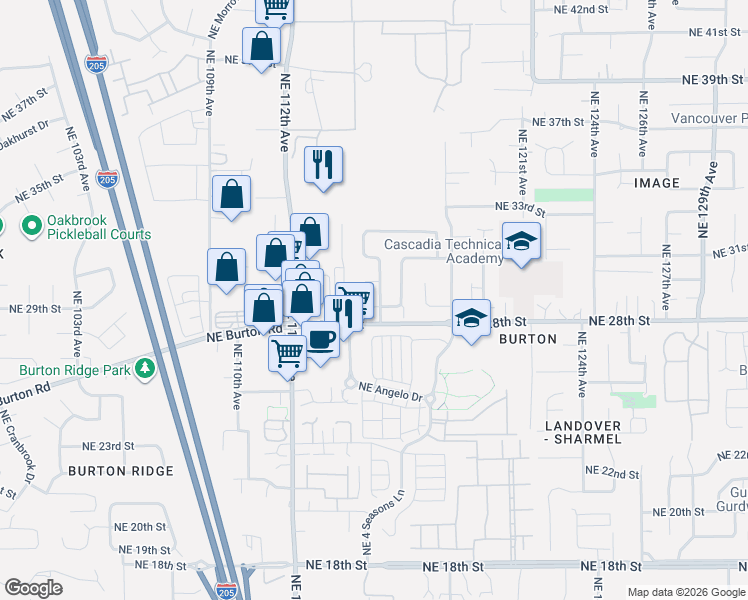 map of restaurants, bars, coffee shops, grocery stores, and more near 11418 Northeast 29th Circle in Vancouver