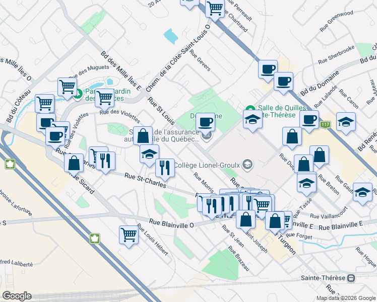 map of restaurants, bars, coffee shops, grocery stores, and more near 79 Rue Saint Lambert in Sainte-Thérèse