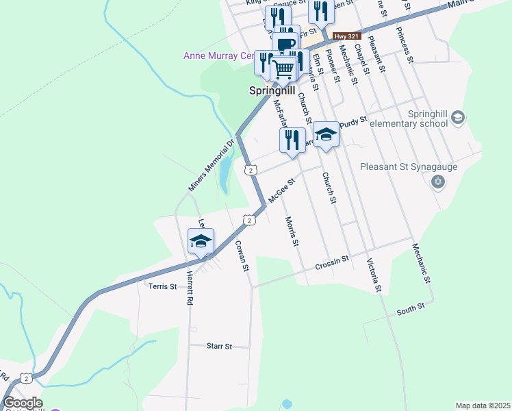 map of restaurants, bars, coffee shops, grocery stores, and more near 25 McDougal Street in Springhill