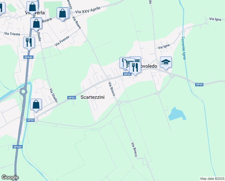 map of restaurants, bars, coffee shops, grocery stores, and more near 6 Via Bosco in Novoledo