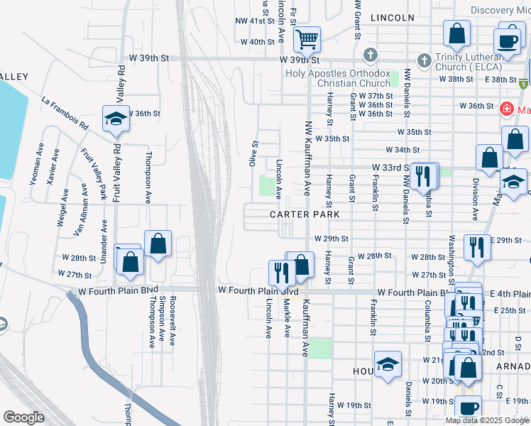 map of restaurants, bars, coffee shops, grocery stores, and more near 1120 West 30th Street in Vancouver