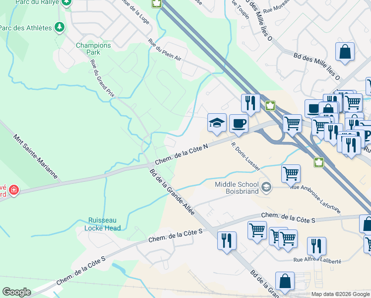 map of restaurants, bars, coffee shops, grocery stores, and more near 20805 Chemin de la Côte Nord in Mirabel