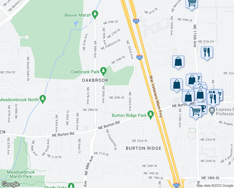 map of restaurants, bars, coffee shops, grocery stores, and more near 2909 Northeast 101st Court in Vancouver