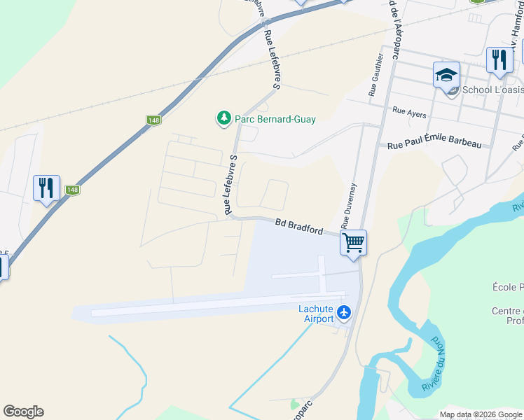 map of restaurants, bars, coffee shops, grocery stores, and more near 220 Rue Saint Exupéry in Lachute