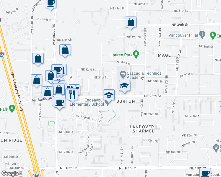 map of restaurants, bars, coffee shops, grocery stores, and more near 2816 Northeast 120th Avenue in Vancouver