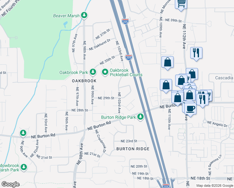map of restaurants, bars, coffee shops, grocery stores, and more near 2908 NE 103rd Ave in Vancouver