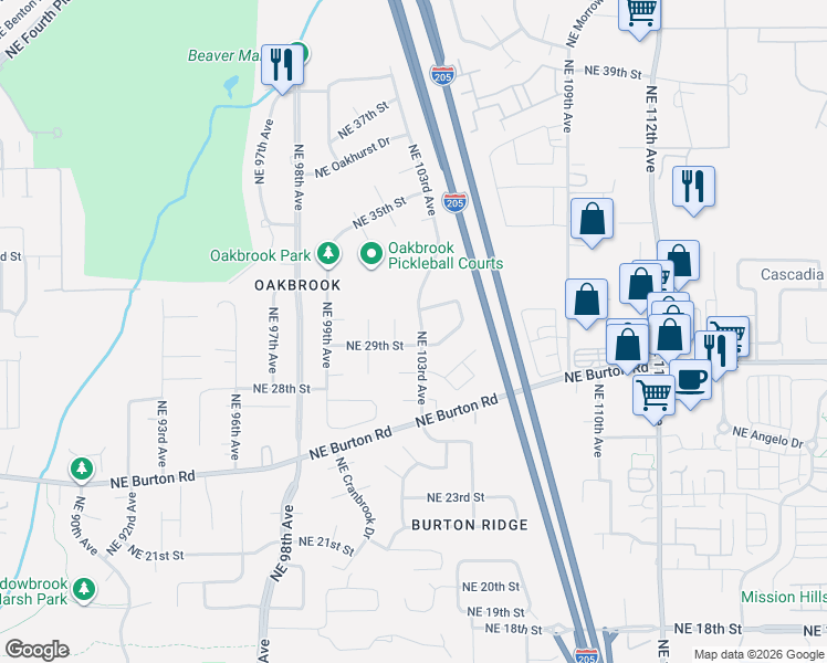 map of restaurants, bars, coffee shops, grocery stores, and more near 2905 Northeast 102nd Court in Vancouver