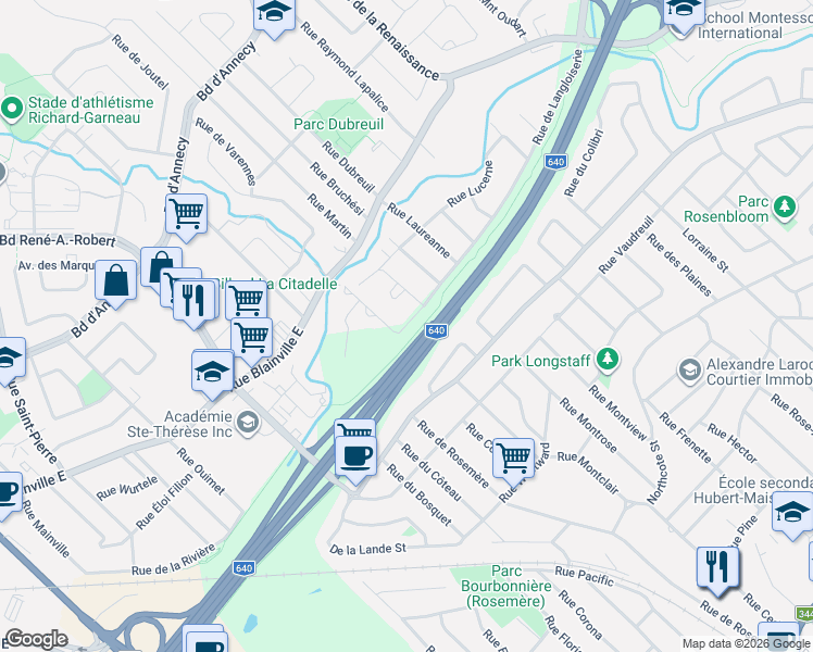 map of restaurants, bars, coffee shops, grocery stores, and more near 201 Rue de Langloiserie in Rosemère