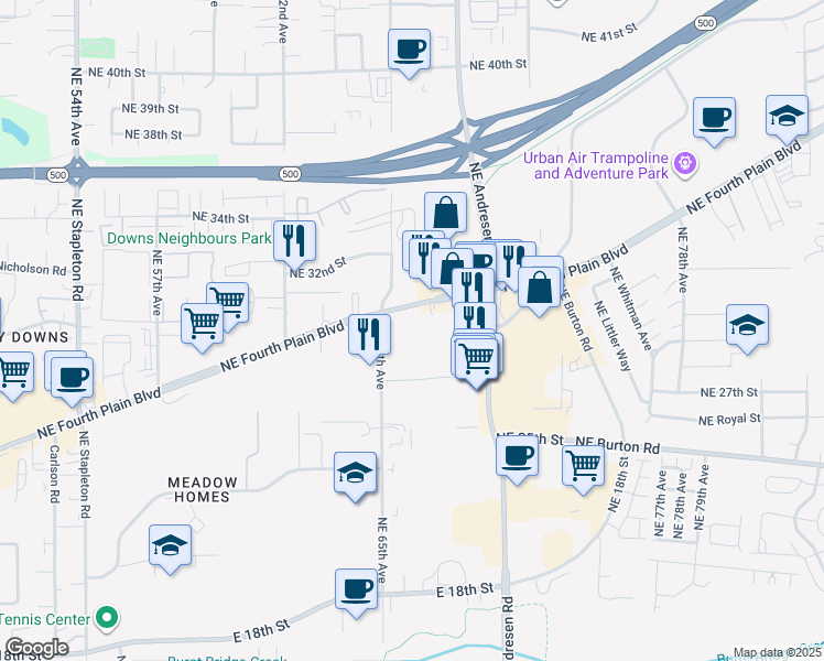 map of restaurants, bars, coffee shops, grocery stores, and more near 6615 Northeast Fourth Plain Boulevard in Vancouver