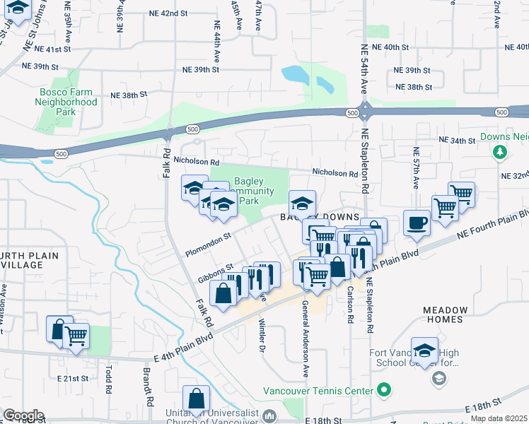 map of restaurants, bars, coffee shops, grocery stores, and more near 4500 Plomondon Street in Vancouver