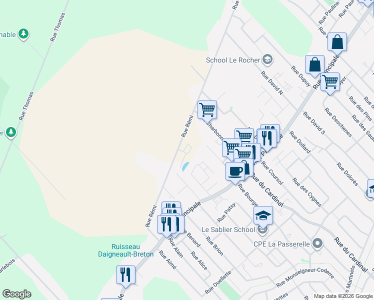 map of restaurants, bars, coffee shops, grocery stores, and more near 523 Rue du Ruisseau in Saint-Amable