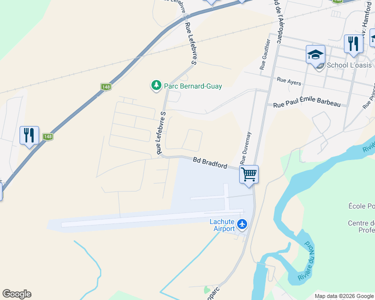 map of restaurants, bars, coffee shops, grocery stores, and more near 216 Rue Saint Exupéry in Lachute
