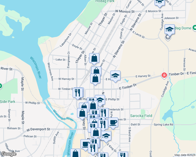 map of restaurants, bars, coffee shops, grocery stores, and more near 436 North Brown Street in Rhinelander