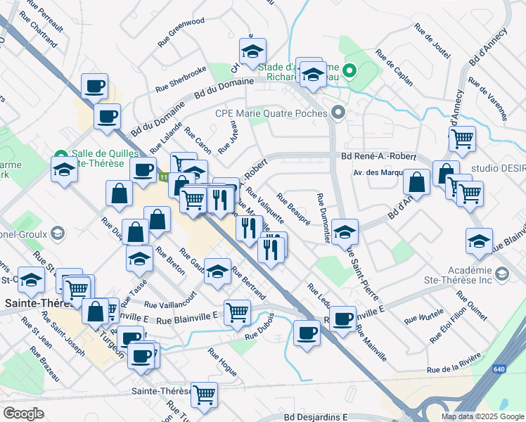 map of restaurants, bars, coffee shops, grocery stores, and more near 175 Rue Valiquette in Sainte-Thérèse