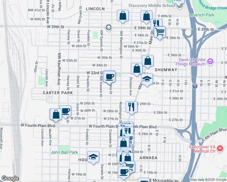 map of restaurants, bars, coffee shops, grocery stores, and more near 212 West 30th Street in Vancouver