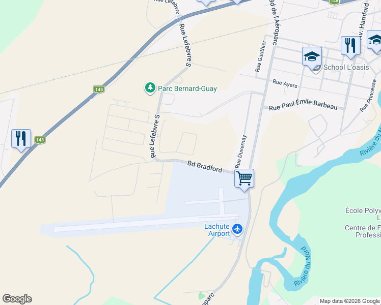 map of restaurants, bars, coffee shops, grocery stores, and more near Rue Saint Exupéry in Lachute