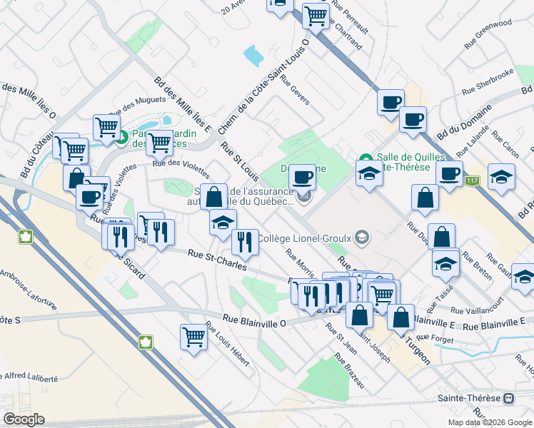 map of restaurants, bars, coffee shops, grocery stores, and more near 20 Rue Viau in Sainte-Thérèse