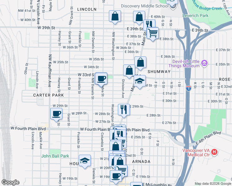 map of restaurants, bars, coffee shops, grocery stores, and more near 112 West 30th Street in Vancouver