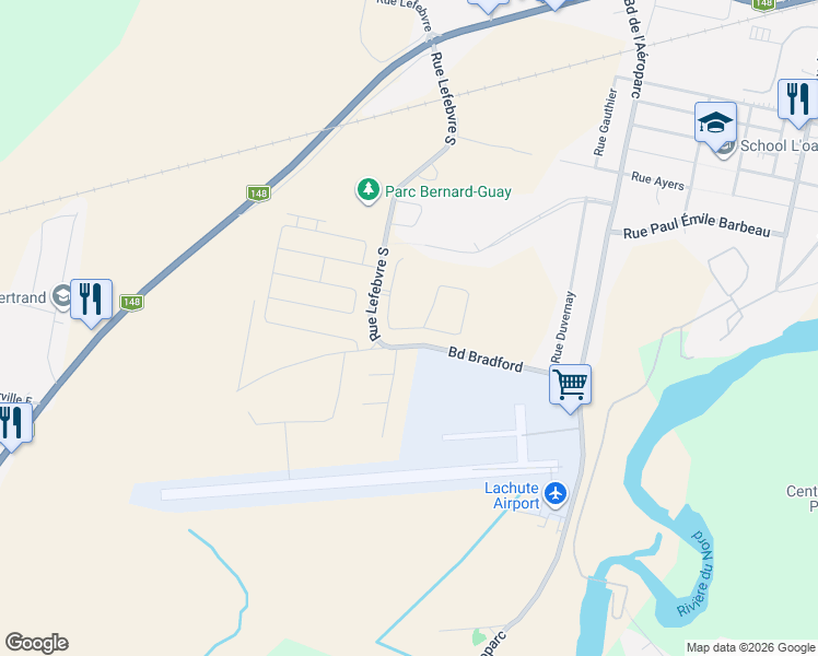 map of restaurants, bars, coffee shops, grocery stores, and more near Rue Saint Exupery in Lachute
