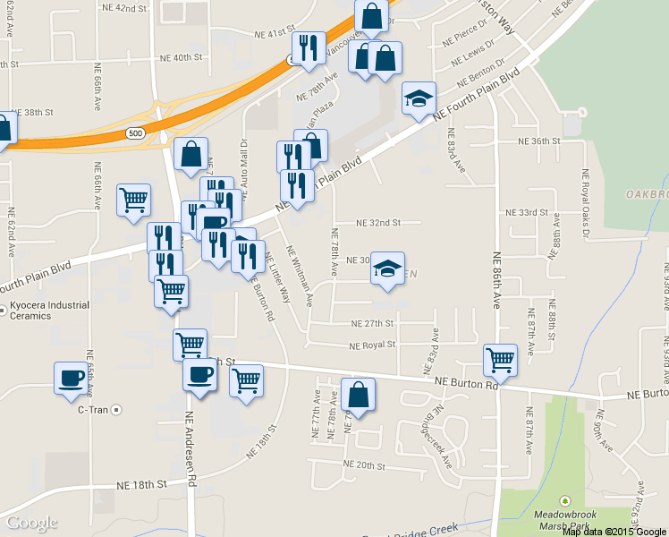 map of restaurants, bars, coffee shops, grocery stores, and more near 2916 Northeast 78th Avenue in Vancouver