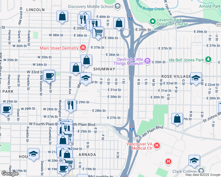 map of restaurants, bars, coffee shops, grocery stores, and more near 615 East 31st Street in Vancouver