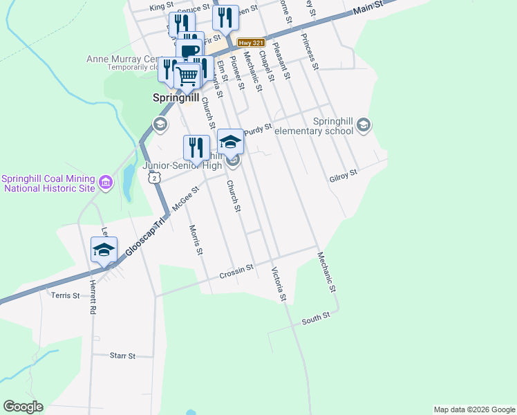 map of restaurants, bars, coffee shops, grocery stores, and more near 92 Victoria Street in Springhill