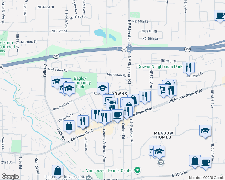map of restaurants, bars, coffee shops, grocery stores, and more near 4918 Plomondon Street in Vancouver