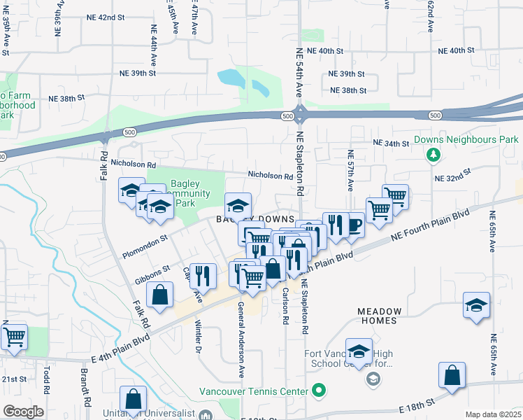 map of restaurants, bars, coffee shops, grocery stores, and more near 4918 Plomondon Street in Vancouver